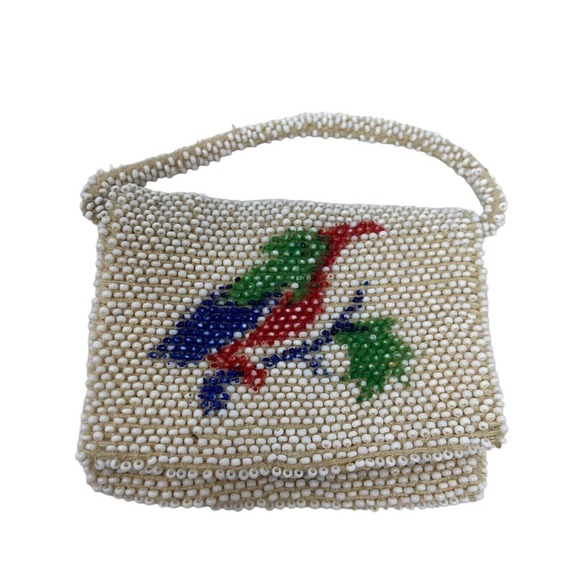 Vintage 50s Macrame Boho Mini Satchel + Beaded Hummingbird Coin Purse - Picture 9 of 12